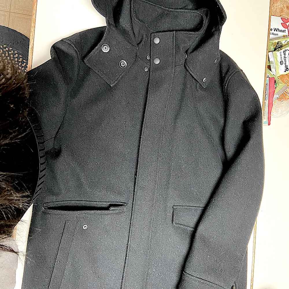 Cole Haan Black Quilted Lining Hooded Wool Stadium Cloth Pea Coat Size XL